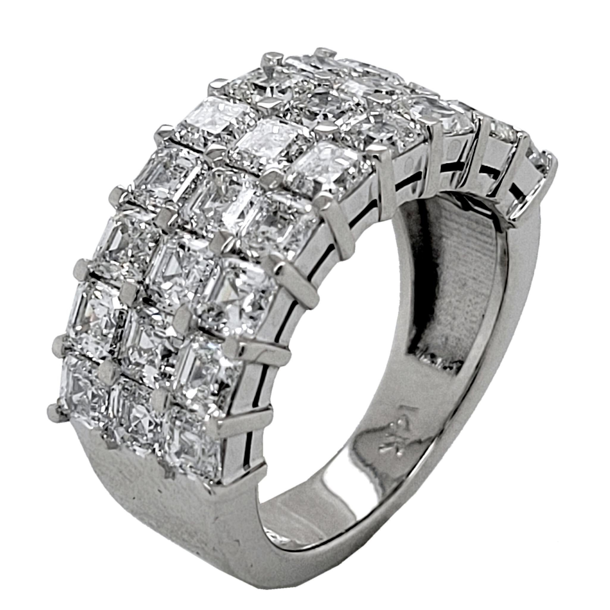 This beautiful Anniversary Ring is made of 14 Karat White gold showcasing 27 perfectly matched Asscher Cut (Square Emerald Cut) Diamonds Set in Shared Prong Mode.
The diamonds are VS Clarity E to F Color.
Total Weight of diamonds: 4.20 Ct  (27