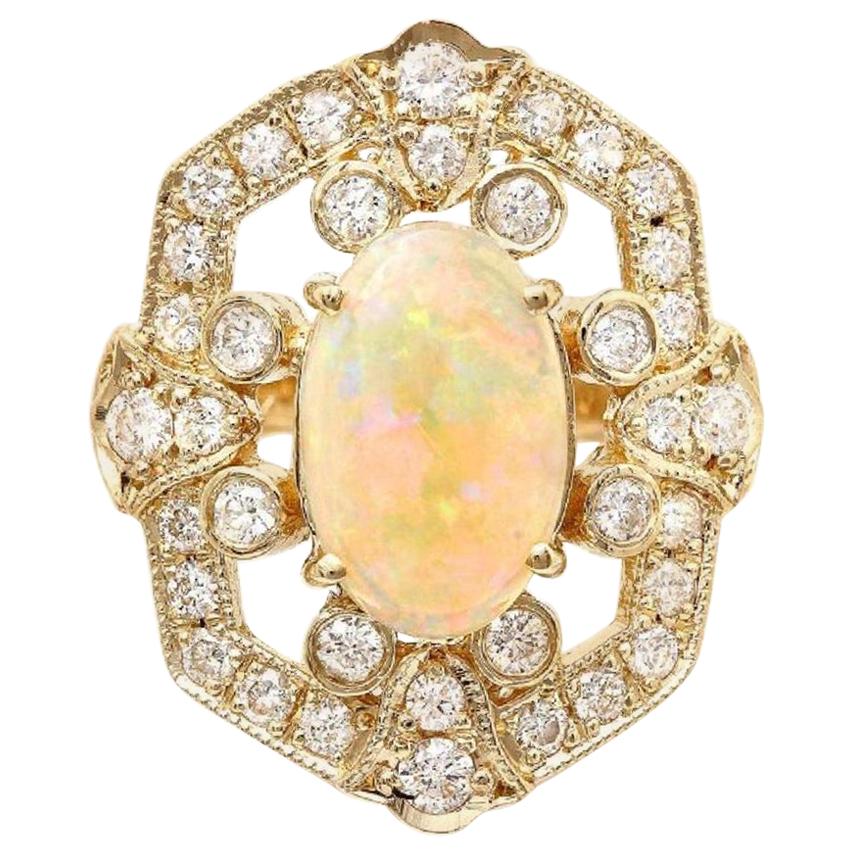 4.20 Ct Natural Impressive Ethiopian Opal and Diamond 14 Karat Solid Gold Ring For Sale