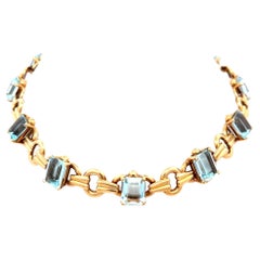 42.00 Carat Emerald Cut Aquamarine 18 Karat Yellow Gold Choker Necklace