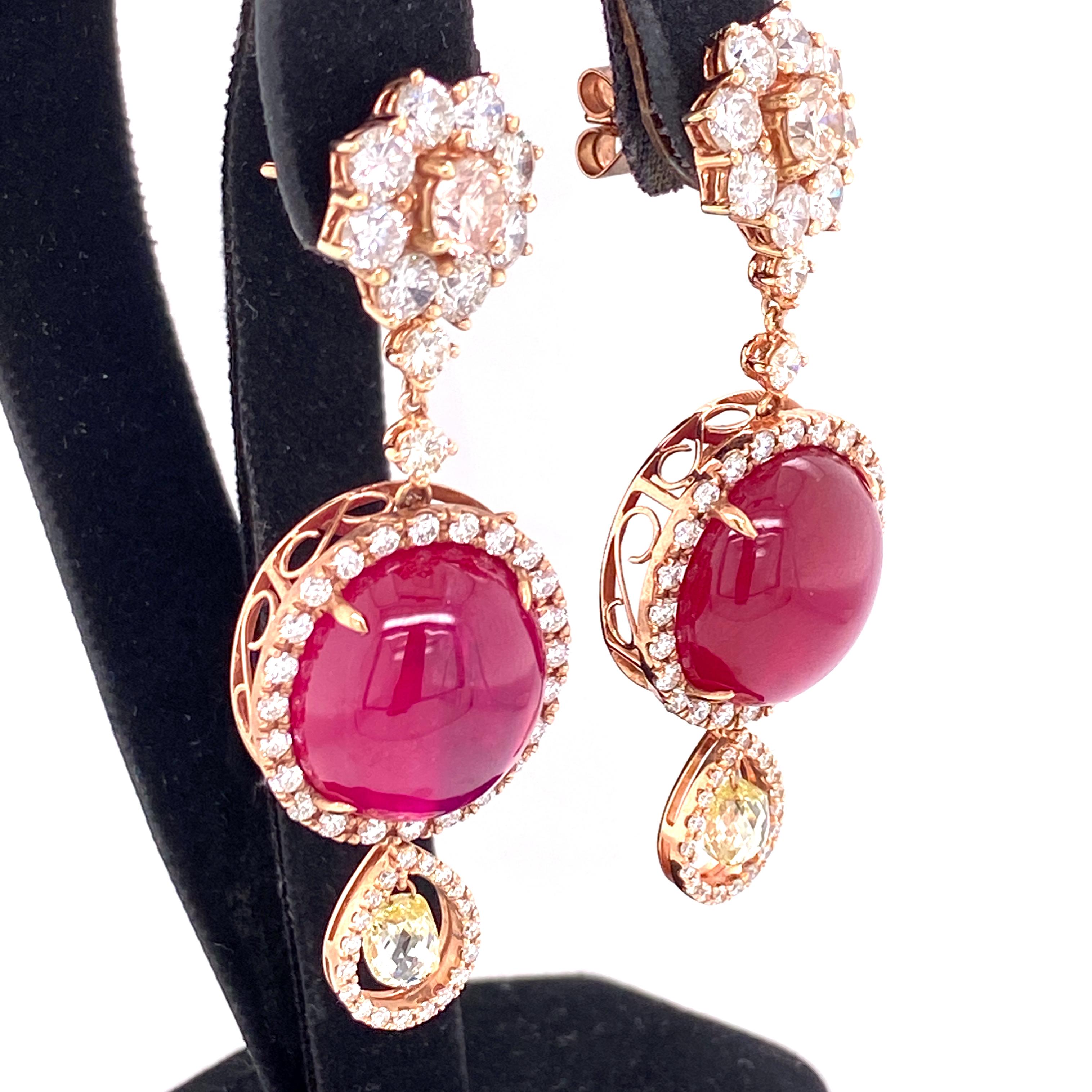 Women's or Men's 42.02 Carat Ruby Cabochon, Pink Diamond, and Diamond Briolette Gold Earrings For Sale