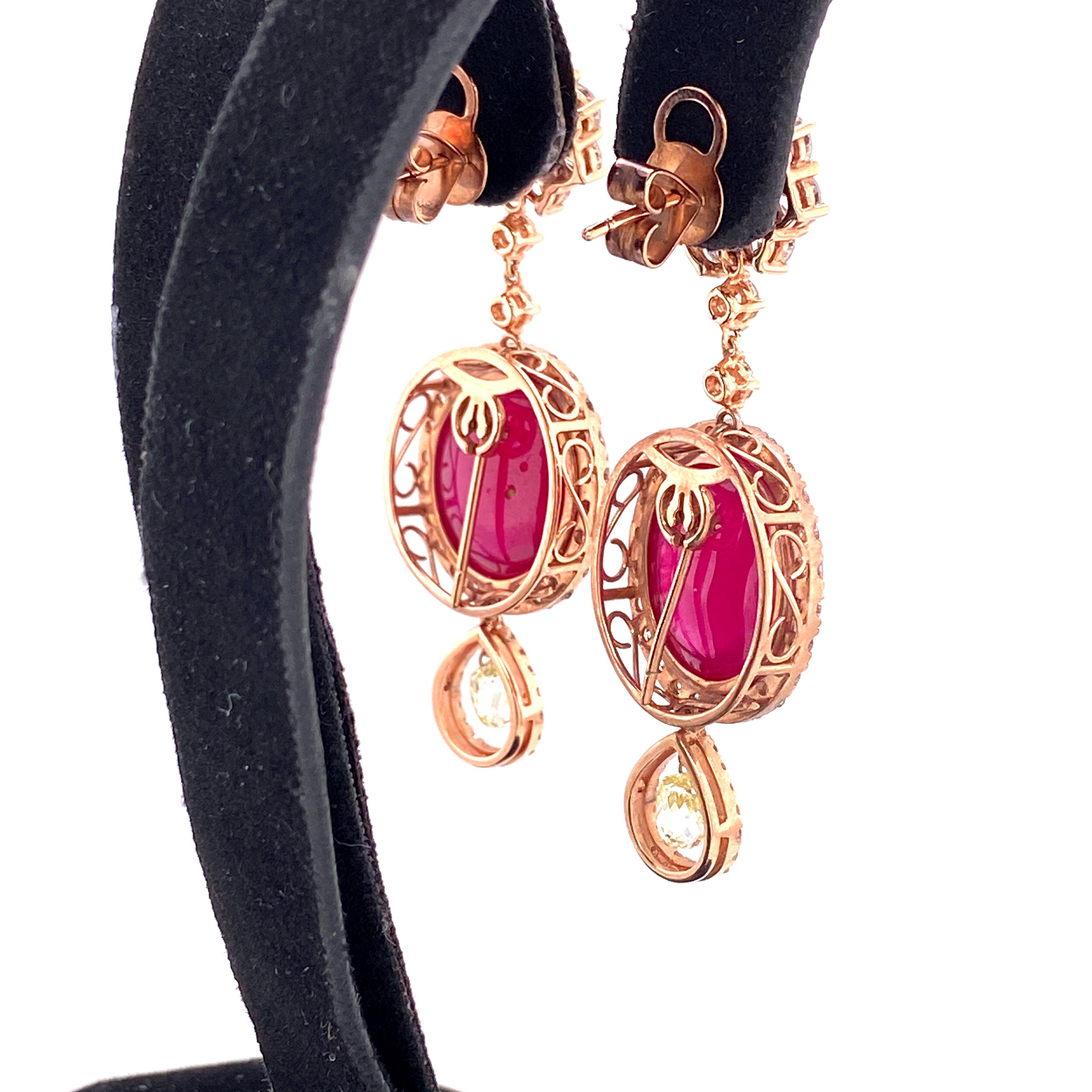 42.02 Carat Ruby Cabochon, Pink Diamond, and Diamond Briolette Gold Earrings For Sale 1