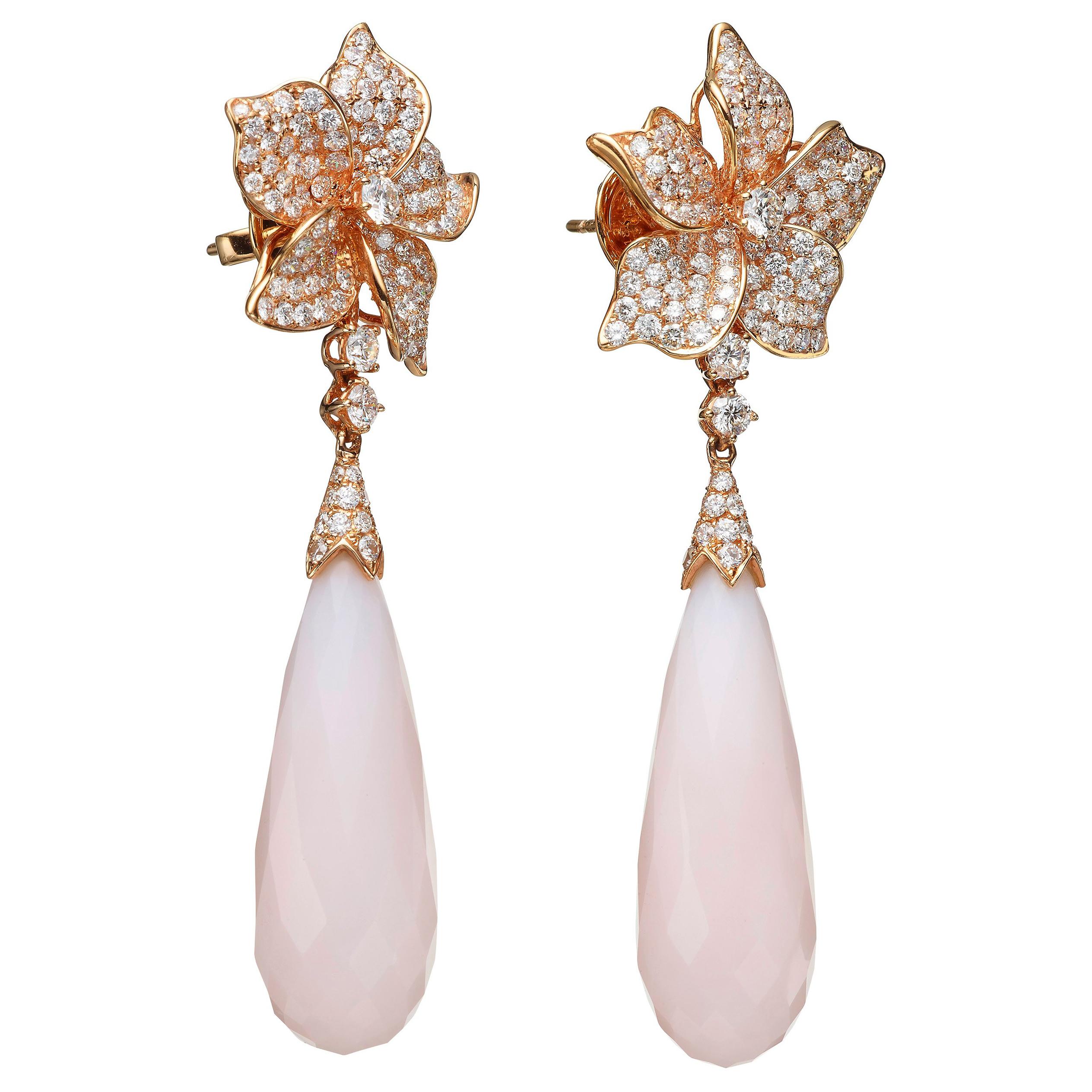 Round Cut 42.06 Carat Pink Opal and Diamond 18 Karat Rose Gold Drop Chandelier Earrings