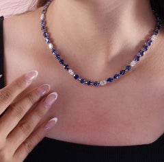 42.07 TCW Blue Sapphire SI/H Diamond Tennis Necklace 14K White Gold