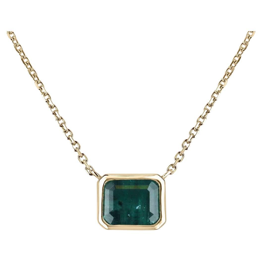4.20ct 14K Emerald Cut Bezel Set Solitaire Necklace East-West Bluish Green