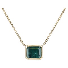 4.20ct 14K Emerald Cut Bezel Set Solitaire Necklace East-West Bluish Green