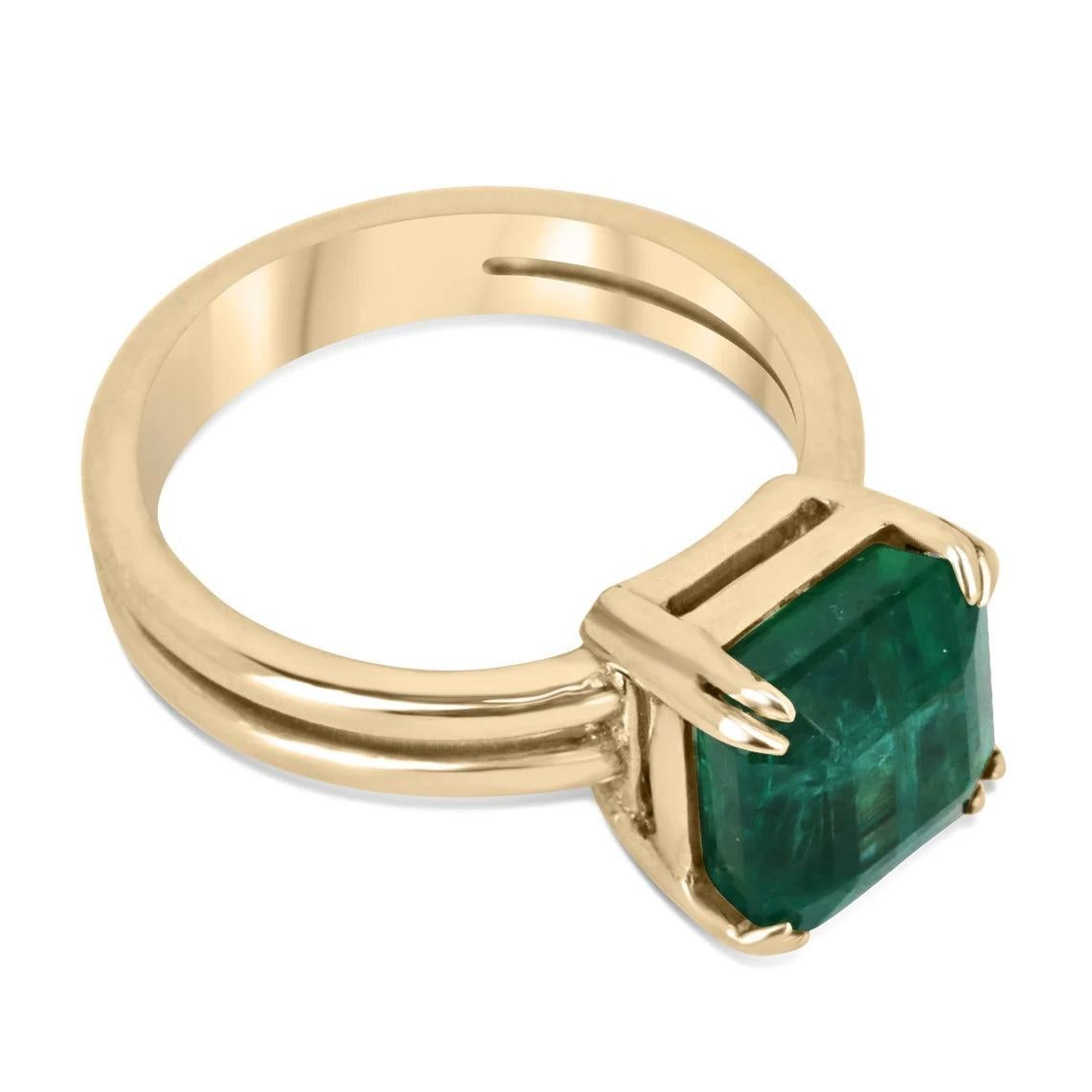 This exquisite solitaire ring features a natural 4.20-carat Asscher cut emerald, which boasts a vivid and rich green color, and amazing characteristics that add to its fine quality. The gemstone has perfect 9x9mm measurements, which gives it an