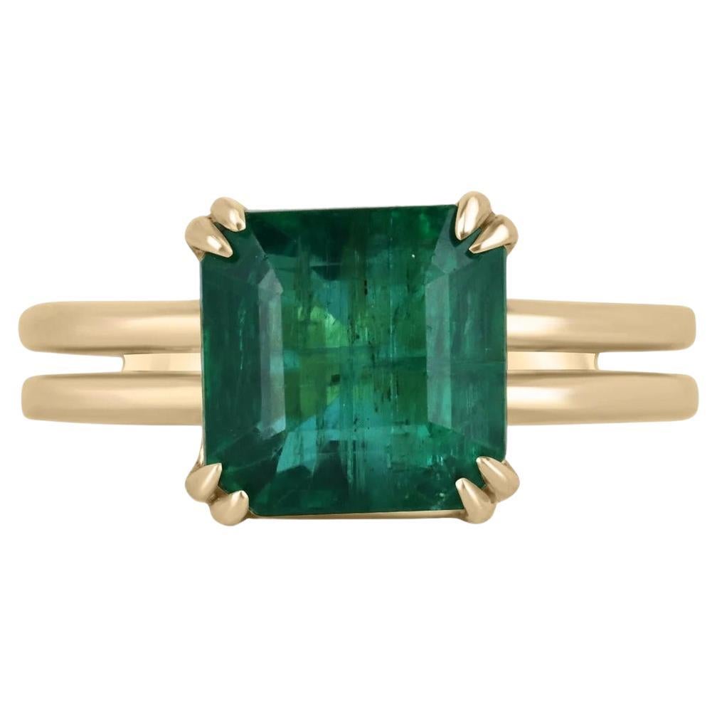4.20ct 18K AAA Quality Vivid Dark Green Asscher Cut Emerald Solitaire Gold Ring For Sale
