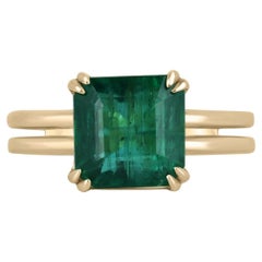 4.20ct 18K AAA Quality Vivid Dark Green Asscher Cut Emerald Solitaire Gold Ring