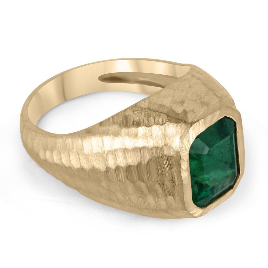 This men's sleek solitaire gold ring says it all. This ring is made with the finest, genuine materials from our emerald collection. The emerald-cut gemstone is natural and from the earth. The gem featured in this ring is of excellent color and very