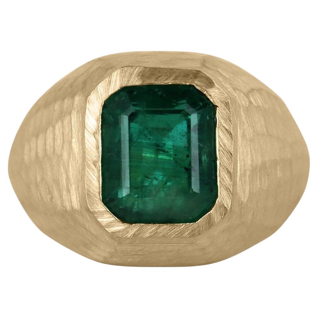 4.20ct 18K Men's Solitaire Dark Emerald Cut Emerald Gold Hammer Matte Finish Rin For Sale