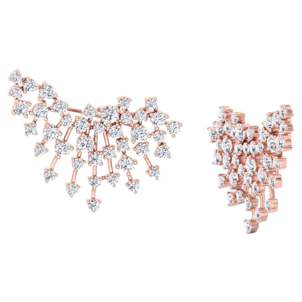 Round Cut 4.20 Carat Diamond Cluster Earring Crawlers 18k Rose Gold For Sale