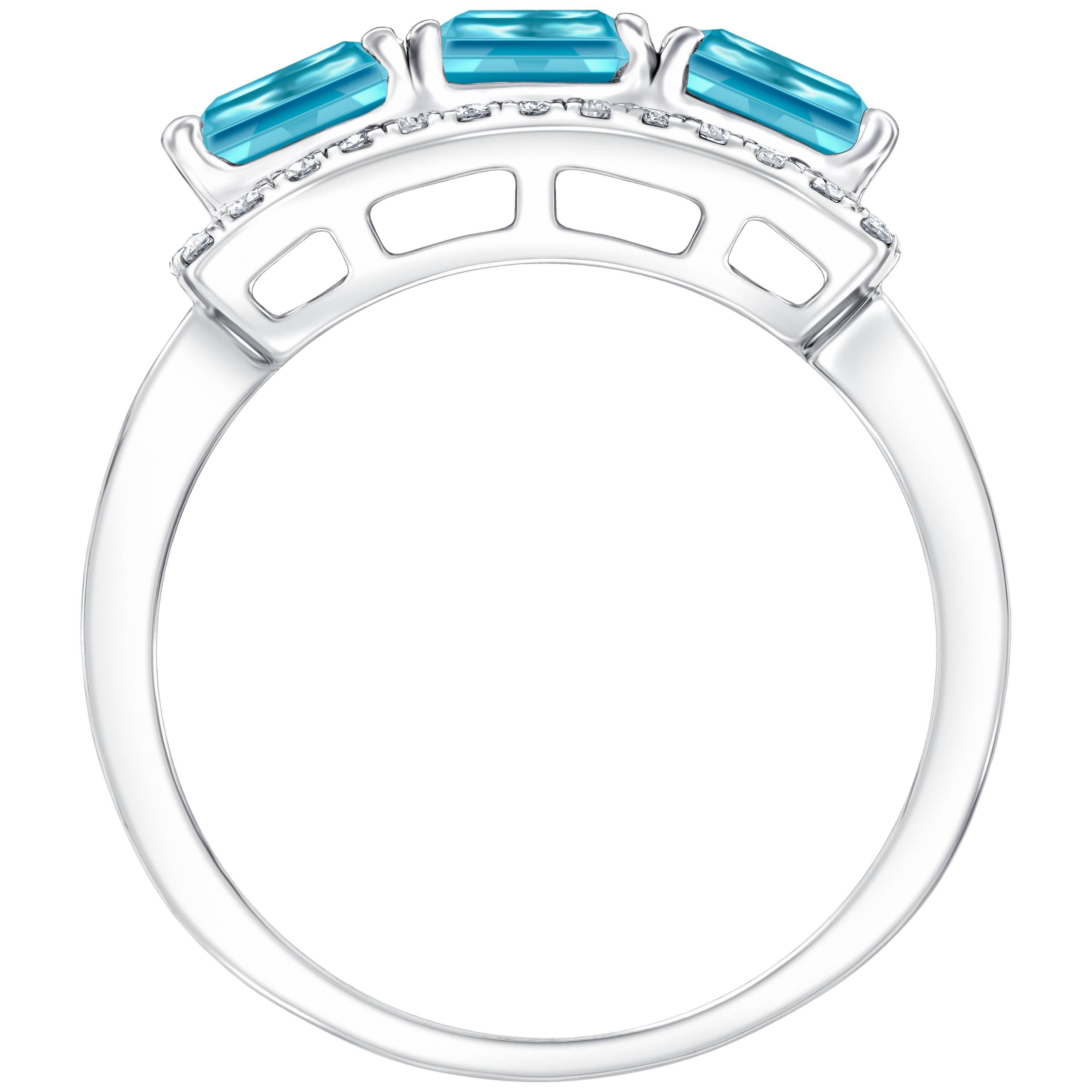 4.08 Carat Emerald Cut Blue Topaz Diamond Halo 18 KT White Gold Engagement Ring For Sale 1
