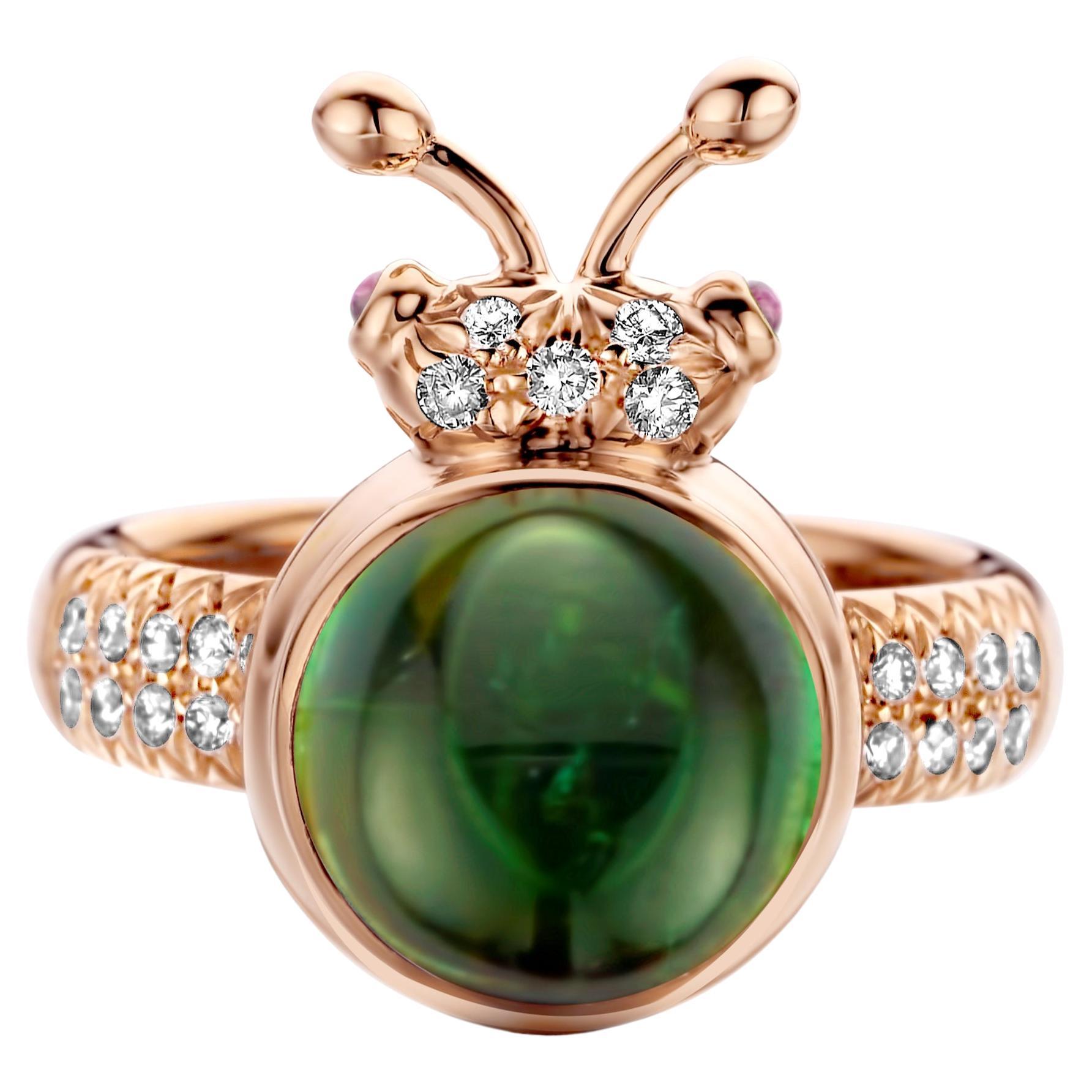 Bague moderne en or rose 18 carats avec diamants et tourmaline verte et rose de 4,20 carats