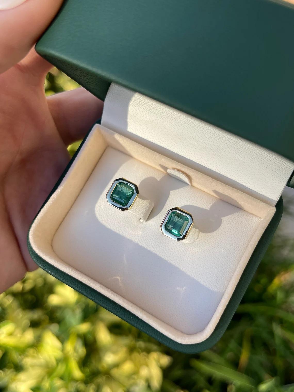 4.20tcw 14K Celebrity Inspired Asscher Cut Emerald Stud Bezel Set Gold Earrings  For Sale 1