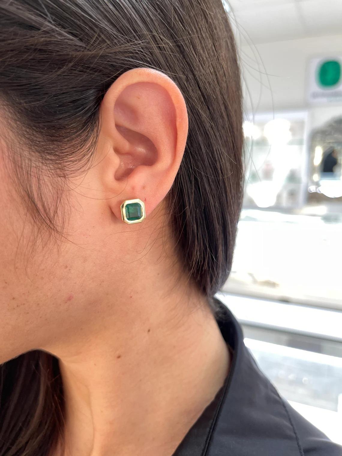 4.20tcw 14K Celebrity Inspired Asscher Cut Emerald Stud Bezel Set Gold Earrings For Sale 1
