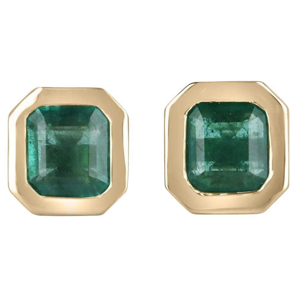 4.20tcw 14K Celebrity Inspired Asscher Cut Emerald Stud Bezel Set Gold Earrings  For Sale