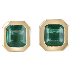 4.20tcw 14K Celebrity Inspired Asscher Cut Emerald Stud Bezel Set Gold Earrings 
