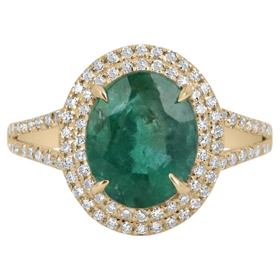 4.20tcw 14K Natural Emerald-Oval Cut & Diamond Double Halo Yellow Gold Ring For Sale