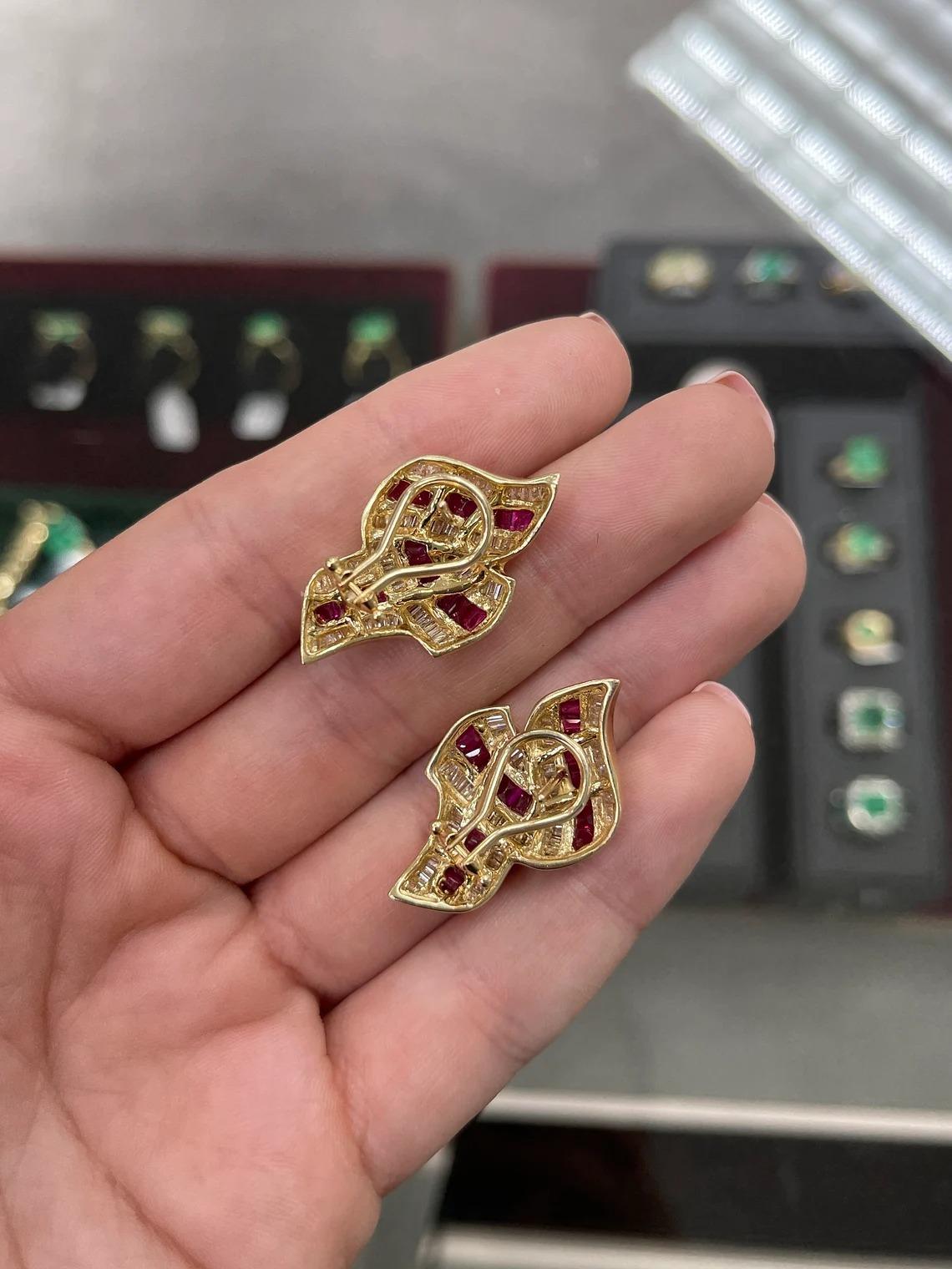 Baguette Cut 4.20tcw 14K Natural Ruby & Diamond Tapered Baguette Gold Statement Earrings For Sale
