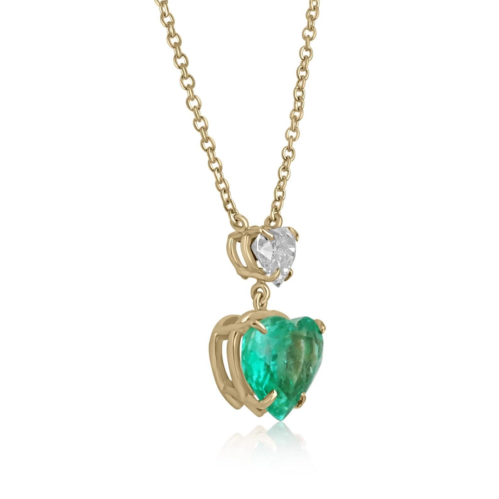 Take a look at this stunning fine quality top quality Colombian emerald heart and diamond heart necklace. The natural, Colombian emerald carries a full 3.40-carats, of vivid deep green color. The stone displays excellent luster and very good eye