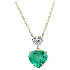 4.20tcw Fine Quality Natural Colombian Emerald Heart & Diamond Necklace 18K