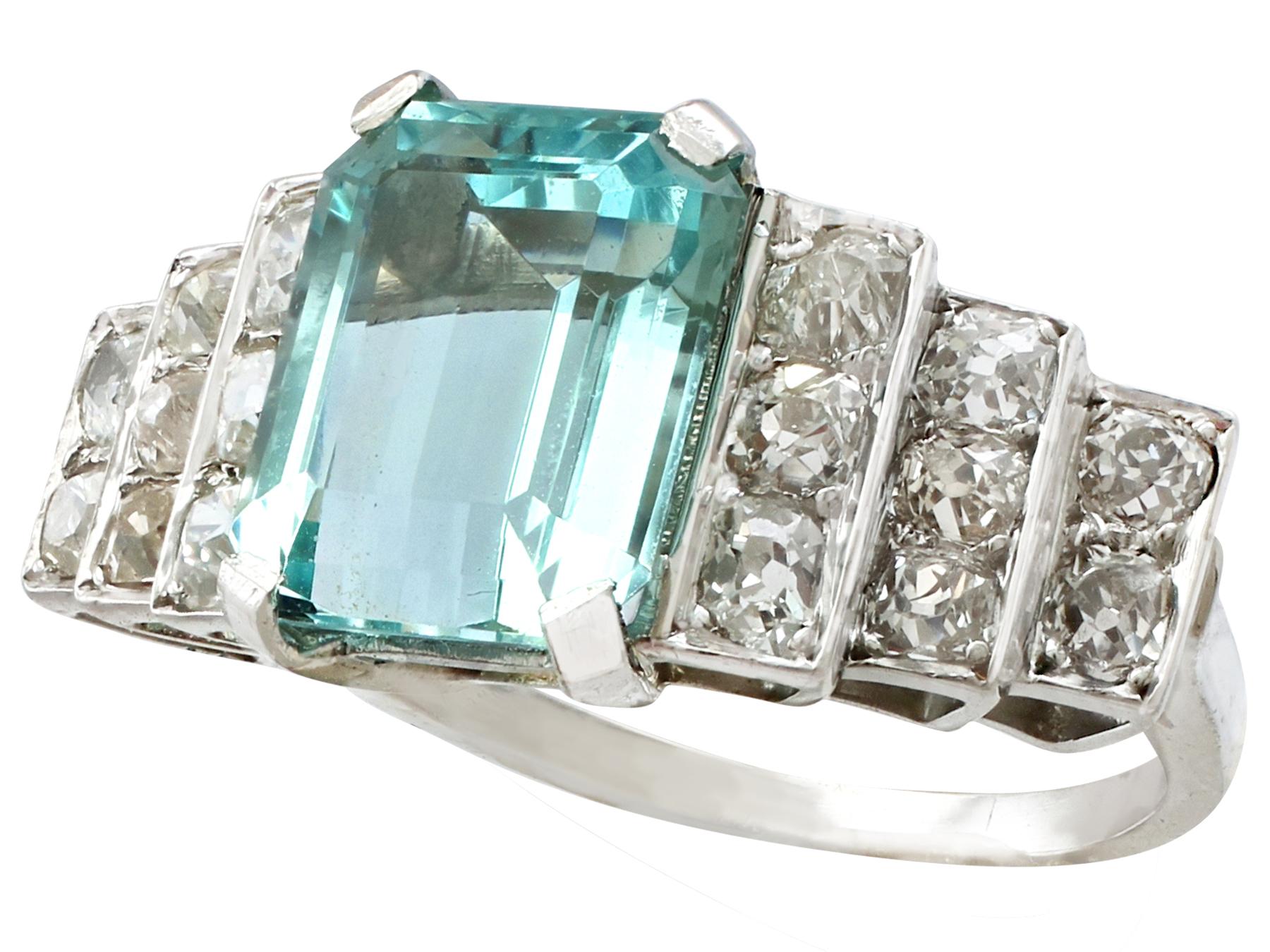 Women's 4.21 Carat Aquamarine and 1.54 Carat Diamond Platinum Dress Ring, Art Deco