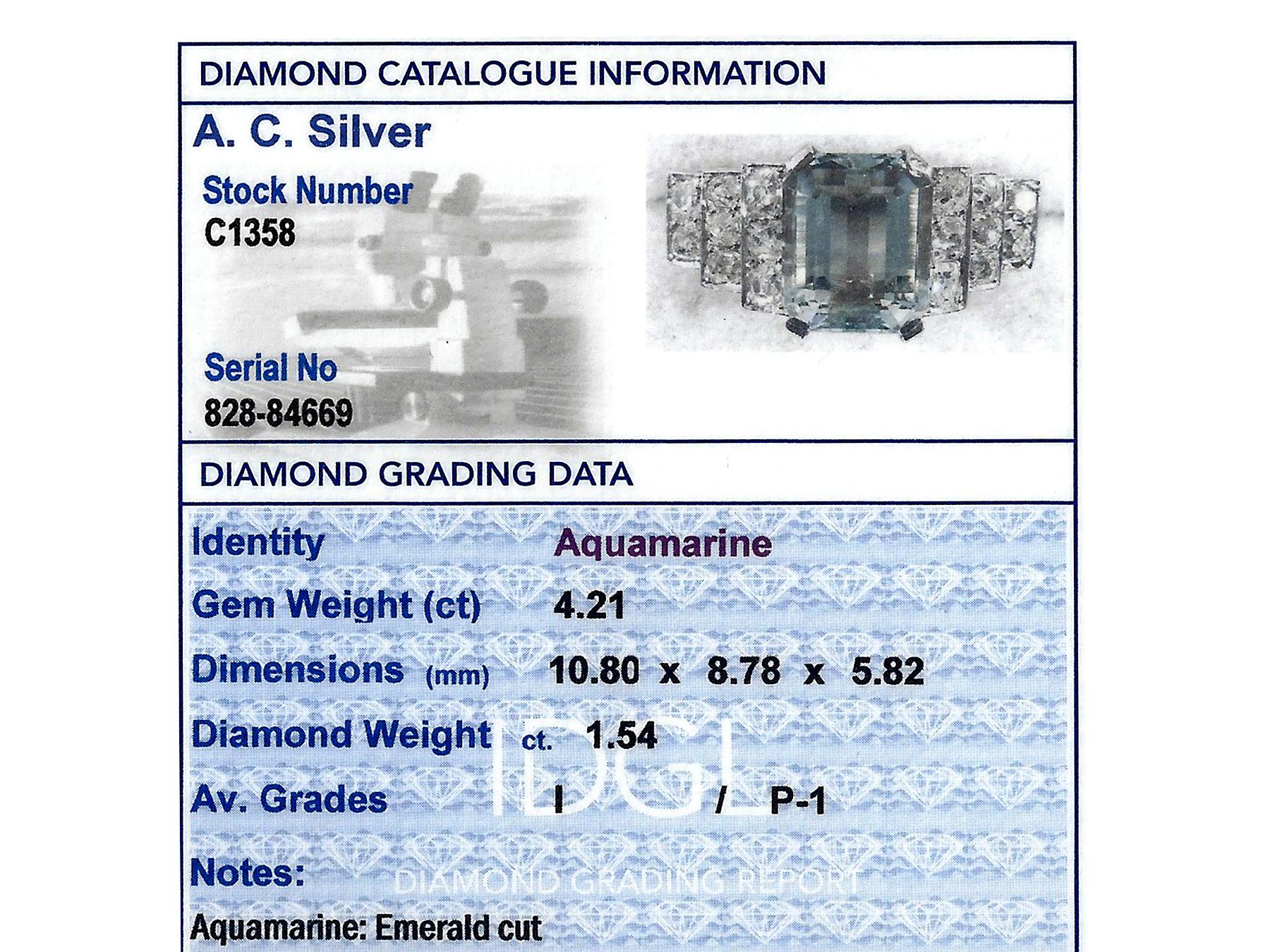 4.21 Carat Aquamarine and 1.54 Carat Diamond Platinum Dress Ring, Art Deco 5