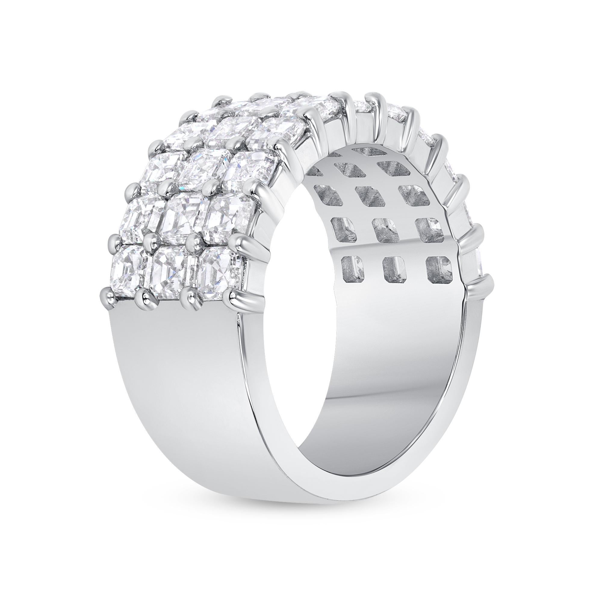 Asscher Cut Diamond Band set in Platinum. This band has thirty-three Asscher cut diamonds in F color, VS1 clarity, weighing an approximately 4.21 carats in total.
