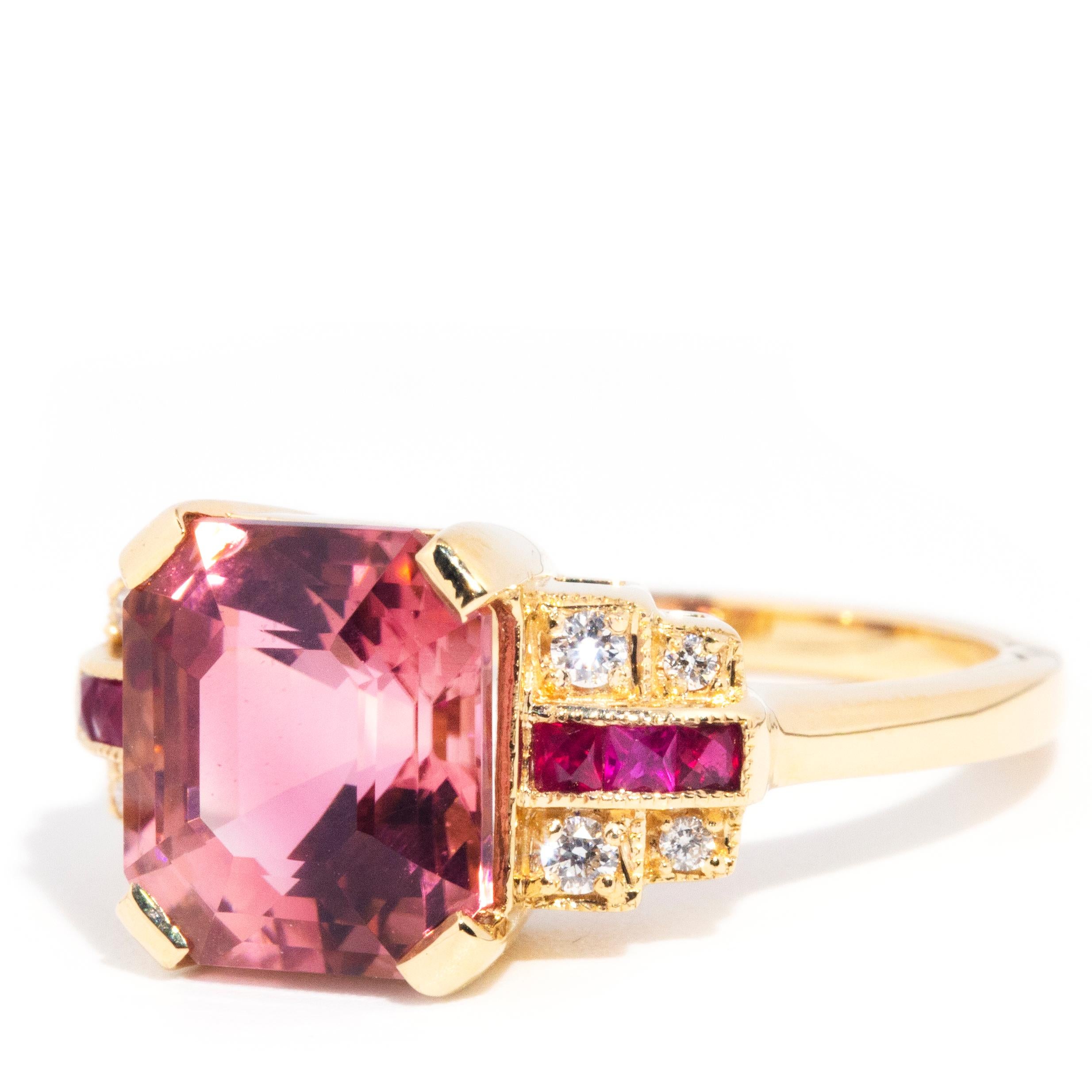 Contemporary 4.21 Carat Bright Pink Tourmaline Ruby and Diamond 18 Carat Yellow Gold Ring