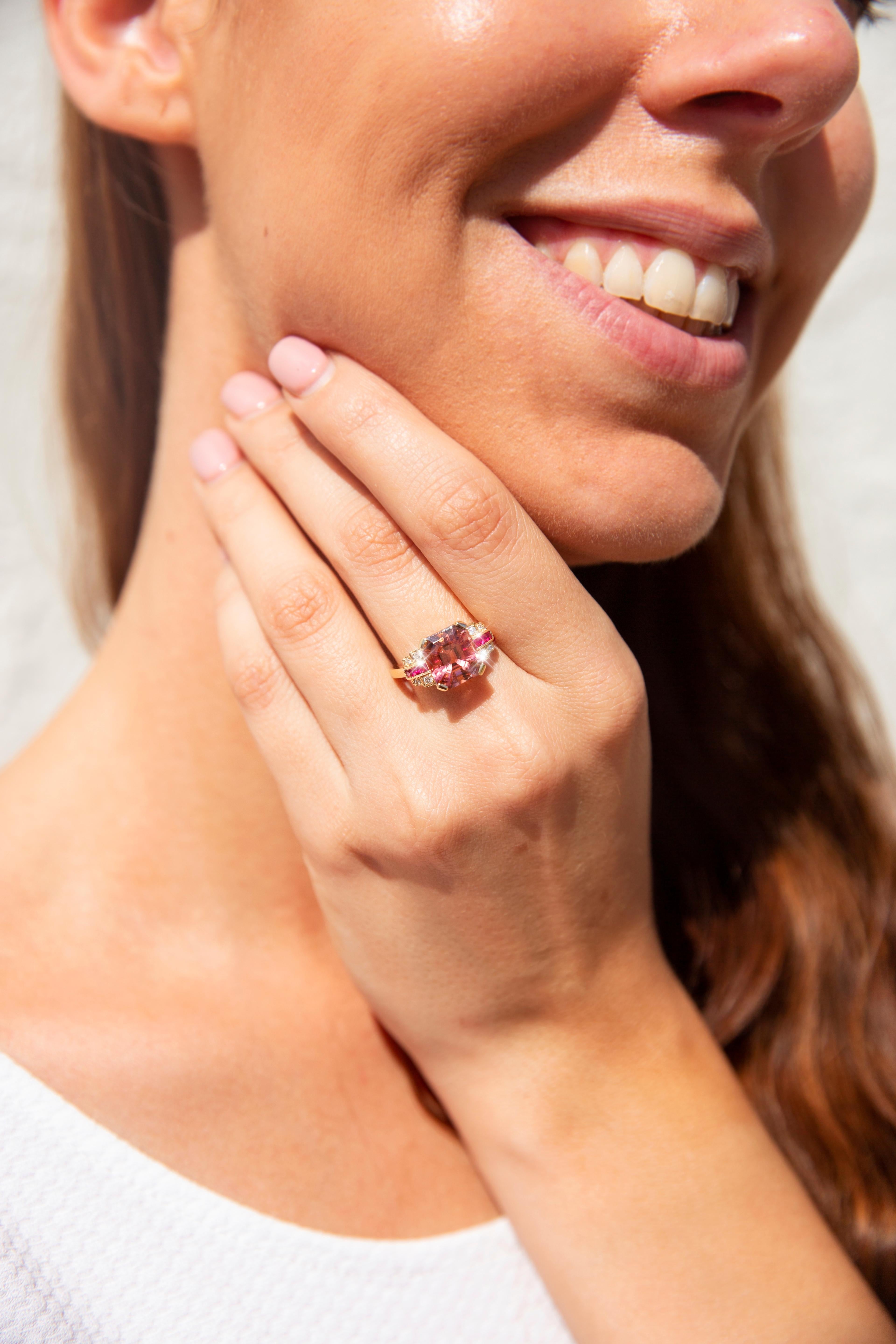 Women's 4.21 Carat Bright Pink Tourmaline Ruby and Diamond 18 Carat Yellow Gold Ring