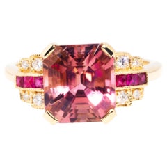 4.21 Carat Bright Pink Tourmaline Ruby and Diamond 18 Carat Yellow Gold Ring