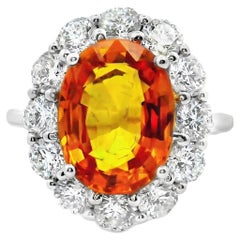 4.21 Carat Orange Sapphire Diamond Halo 18k White Gold Ring