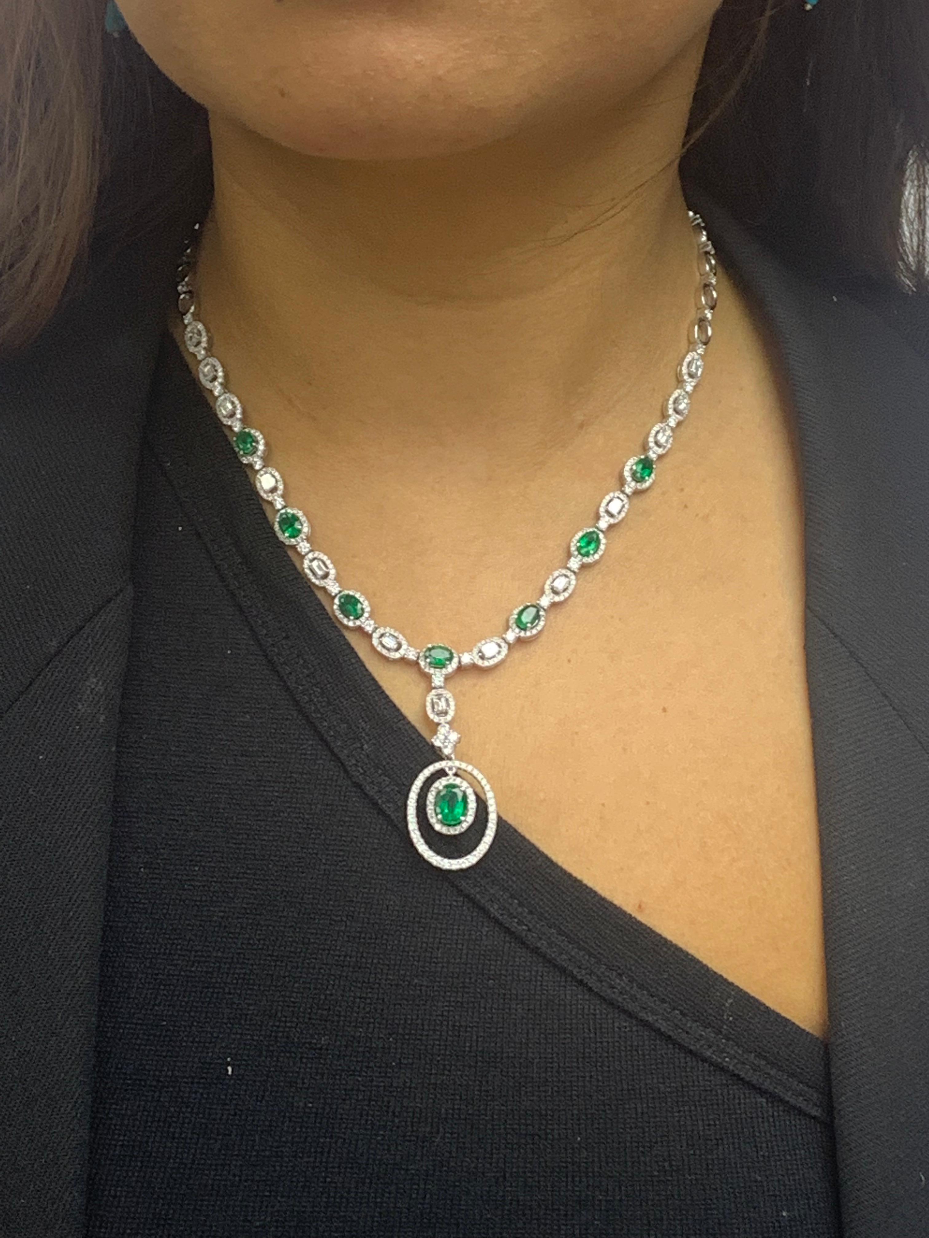 Modern 4.21 Carat Oval Cut Emerald and Diamond Necklace in 18 White Gold For Sale