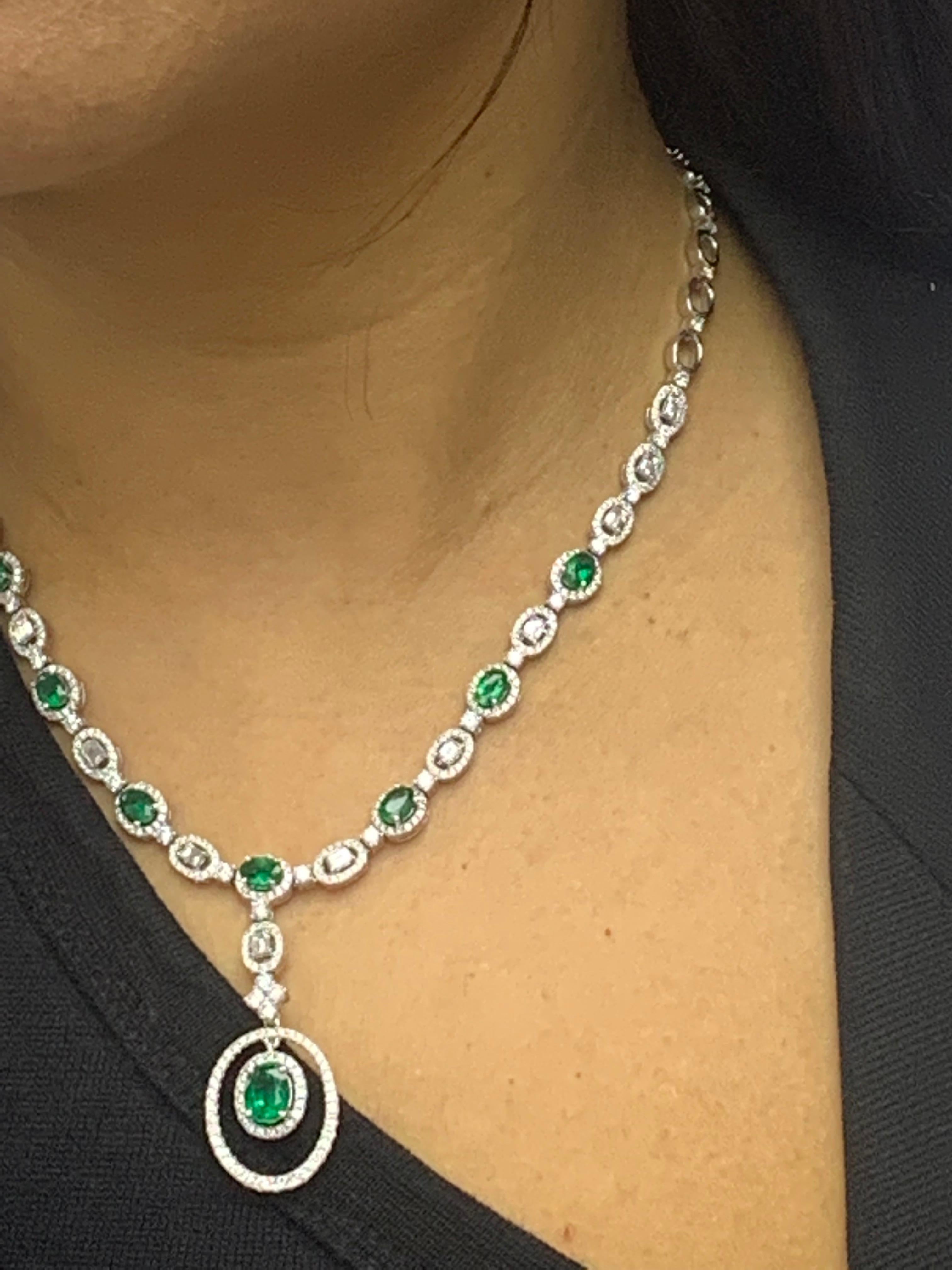 Women's or Men's 4.21 Carat Oval Cut Emerald and Diamond Necklace in 18 White Gold For Sale