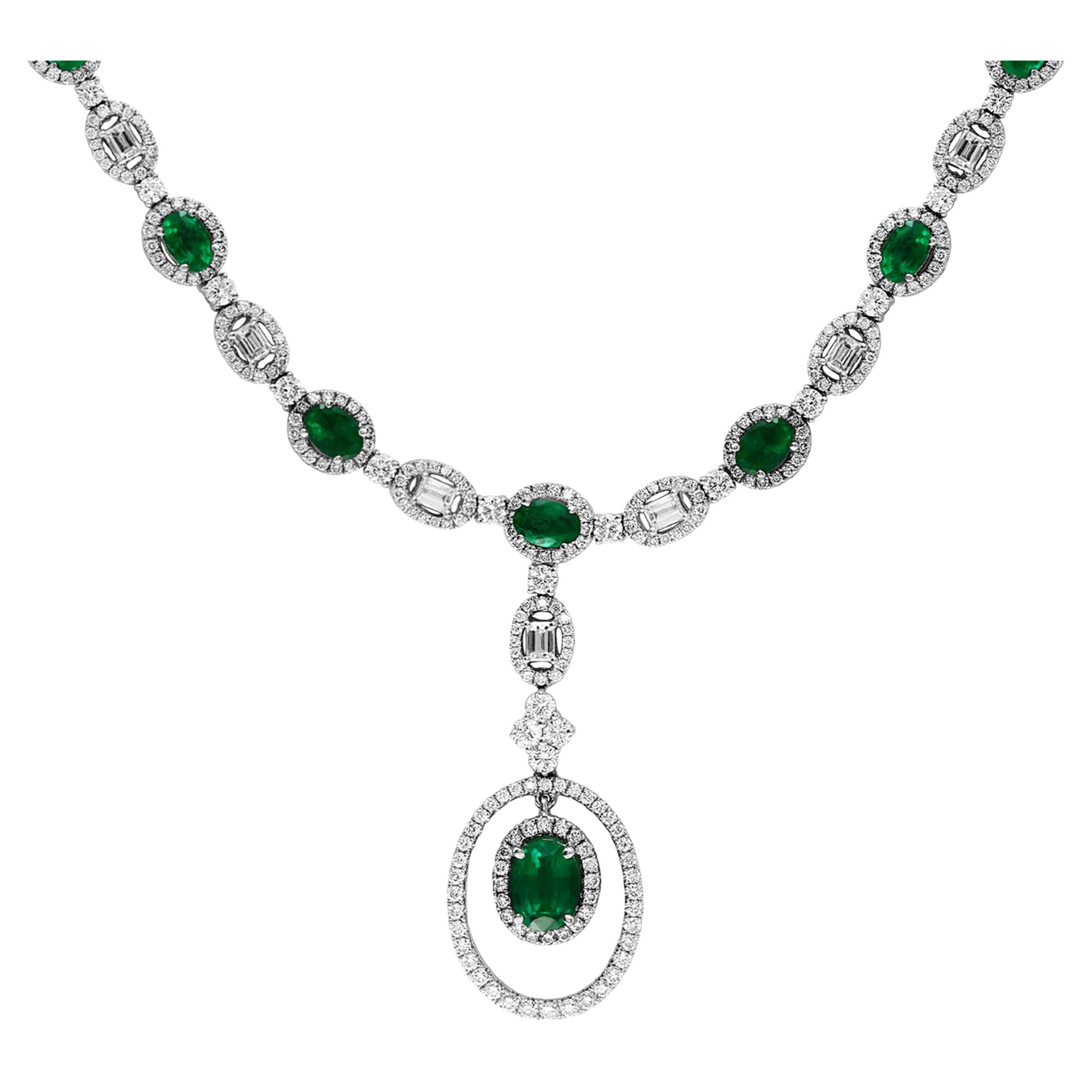 4.21 Carat Oval Cut Emerald and Diamond Necklace in 18 White Gold For Sale