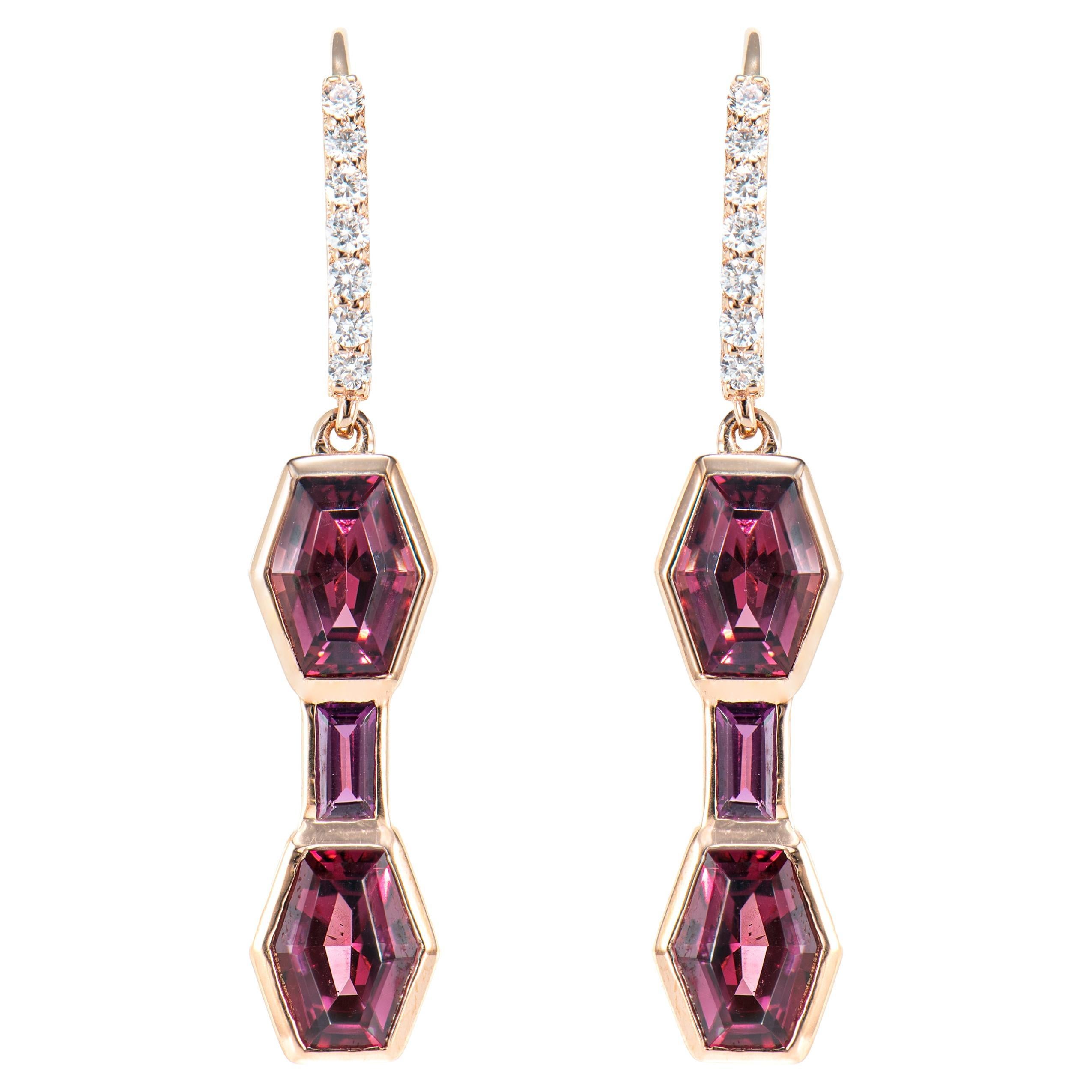 4.21 Carat Rhodolite Drop Earrings in 14 Karat Rose Gold with White Diamond.