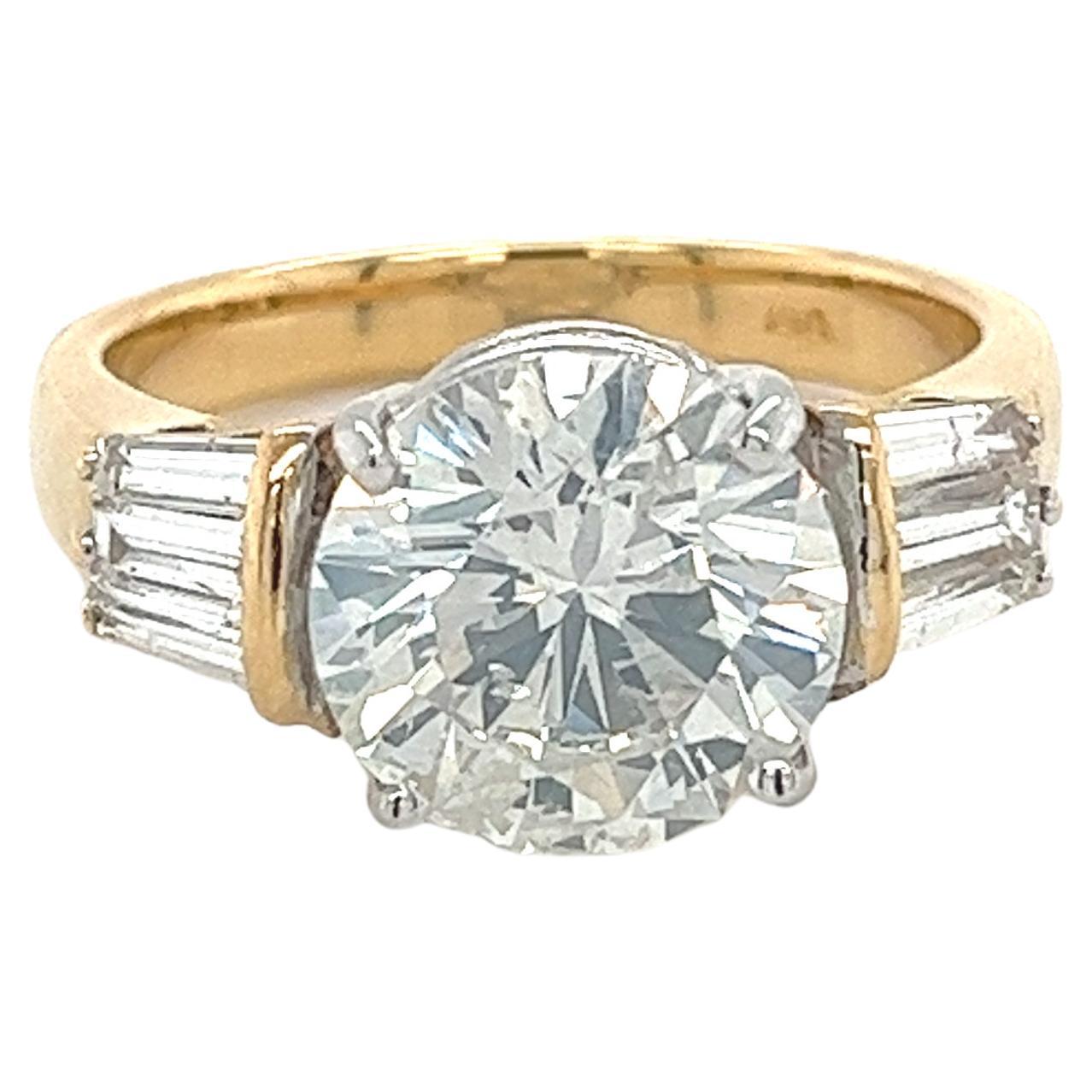 Art Deco 4.21 Carat Round Cut Diamond Engagement Ring and Baguettes in 2 Tone 18k Gold For Sale