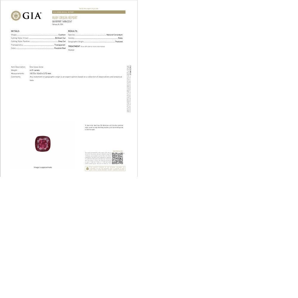 Antique Cushion Cut 4.21 Carat Thai Ruby Diamond Platinum Ring, GIA Certified For Sale
