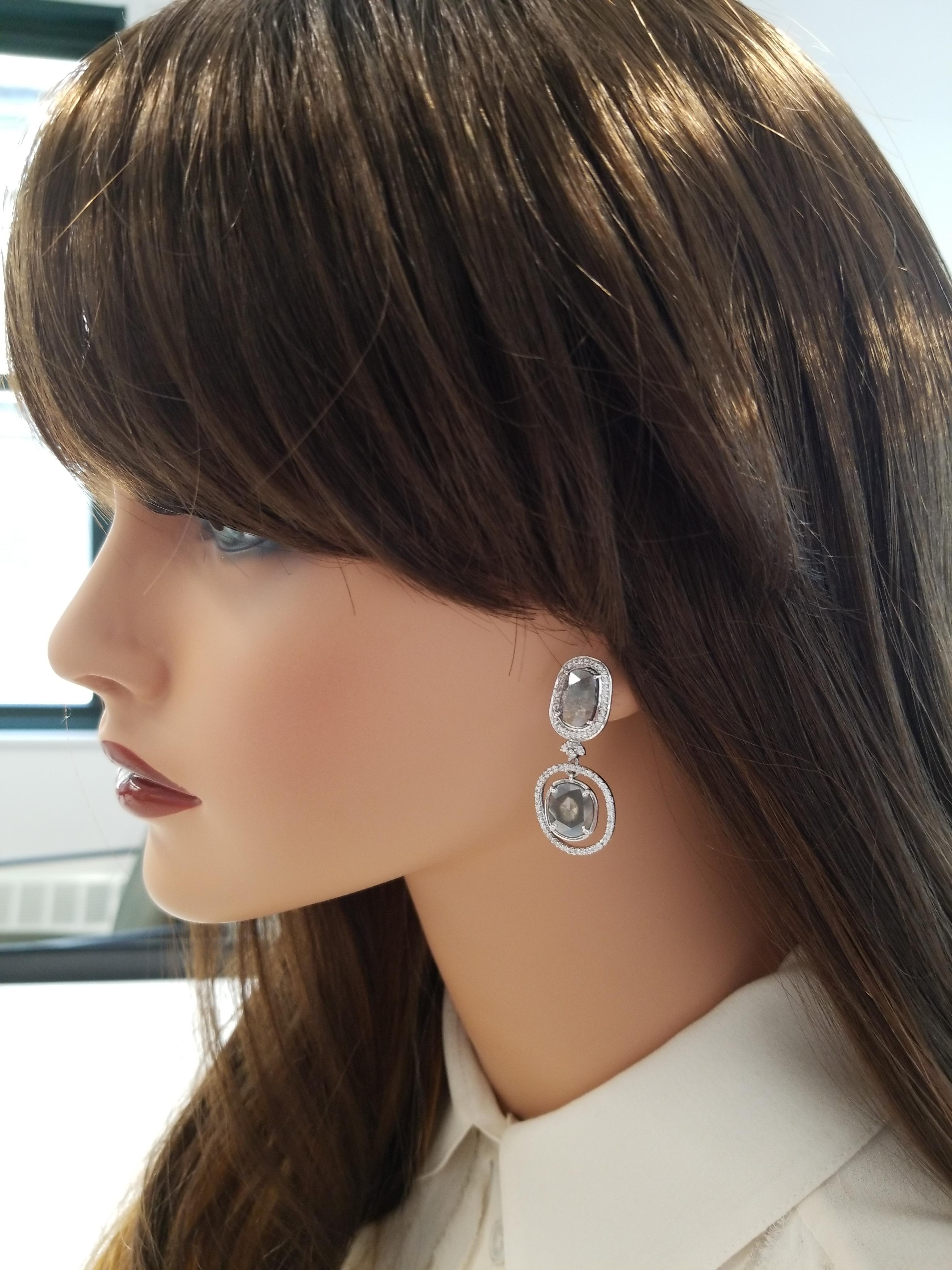 Brilliant Cut 4.21 Carat Total Faceted Fancy Sliced Black Diamond Earrings in 18 Karat Gold For Sale