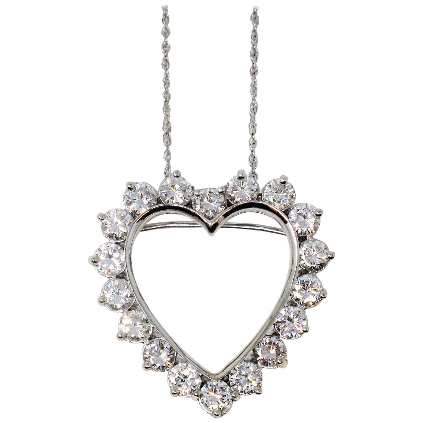 4.21 Carat Total Round Diamond Open Heart Pendant Necklace /Brooch 14 Karat Gold