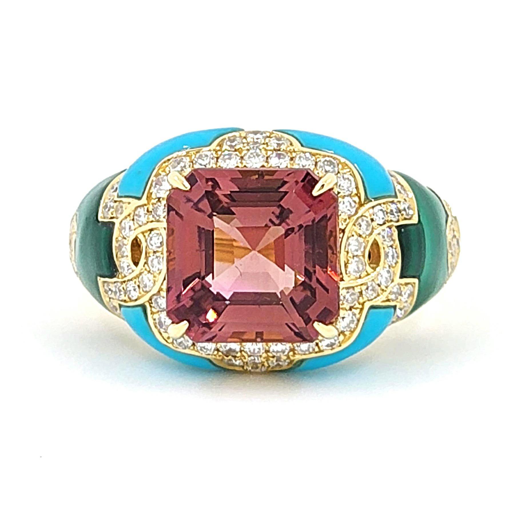 4.21 Carat Tourmaline Turquoise Diamond Cocktail Ring in 18 Karat Yellow Gold For Sale 2