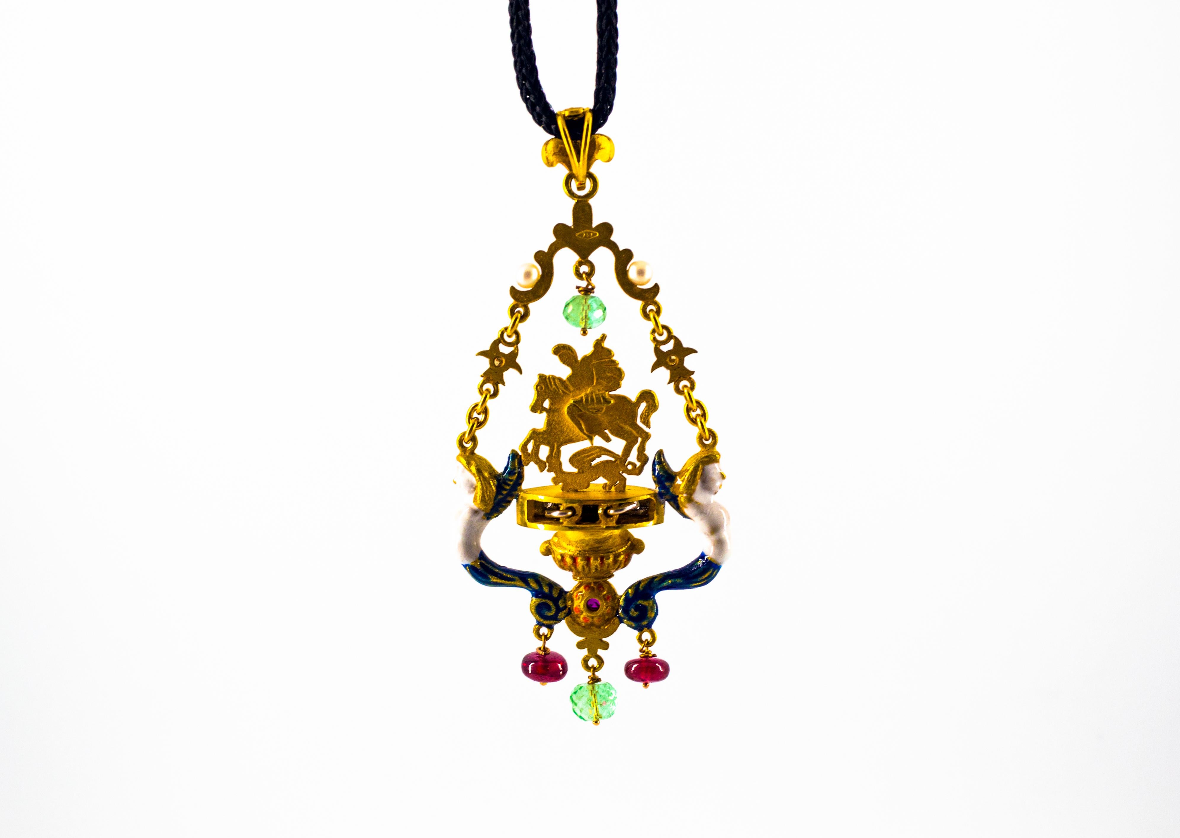 4.21 Carat White Diamond Ruby Emerald Pearl Yellow Gold Saint George Necklace In New Condition For Sale In Naples, IT