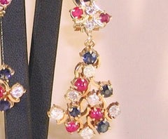 4.21 Carat Yellow Gold Diamond Ruby Sapphire Earrings