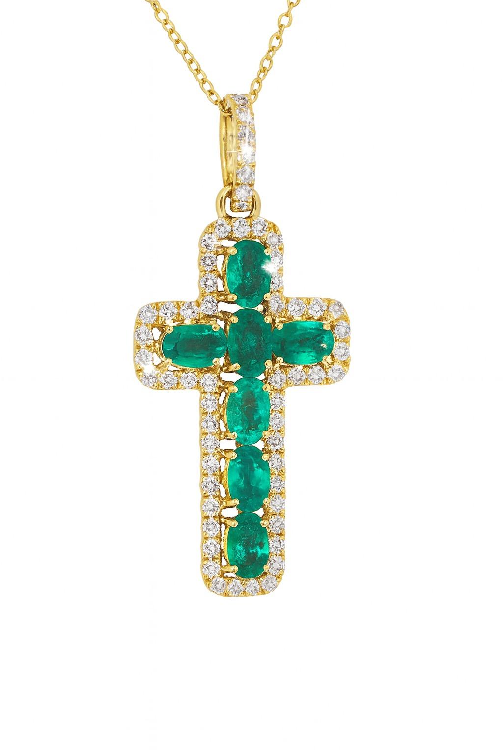 4,21 Karat 18K Solid Gold Smaragd-Diamant-Kreuz-Anhänger (Zeitgenössisch) im Angebot