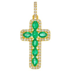 4.21 Carats 18K Solid Gold Emerald Diamond Cross Pendant