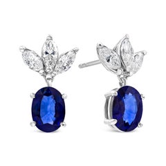 4.21 Carats Total Oval Cut Blue Sapphire & Diamond Dangle Earrings