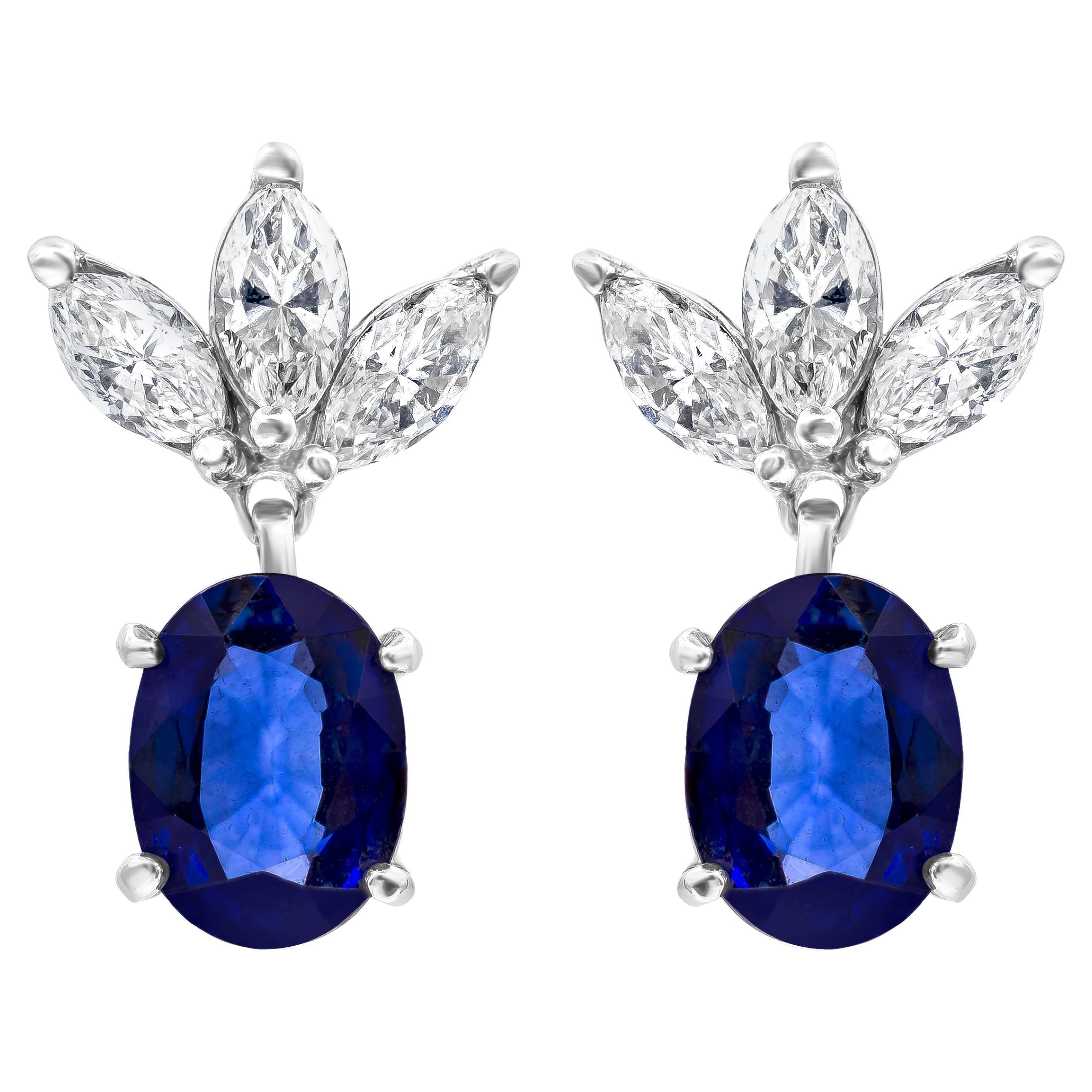 4.21 Carats Total Oval Cut Blue Sapphire & Diamond Dangle Earrings