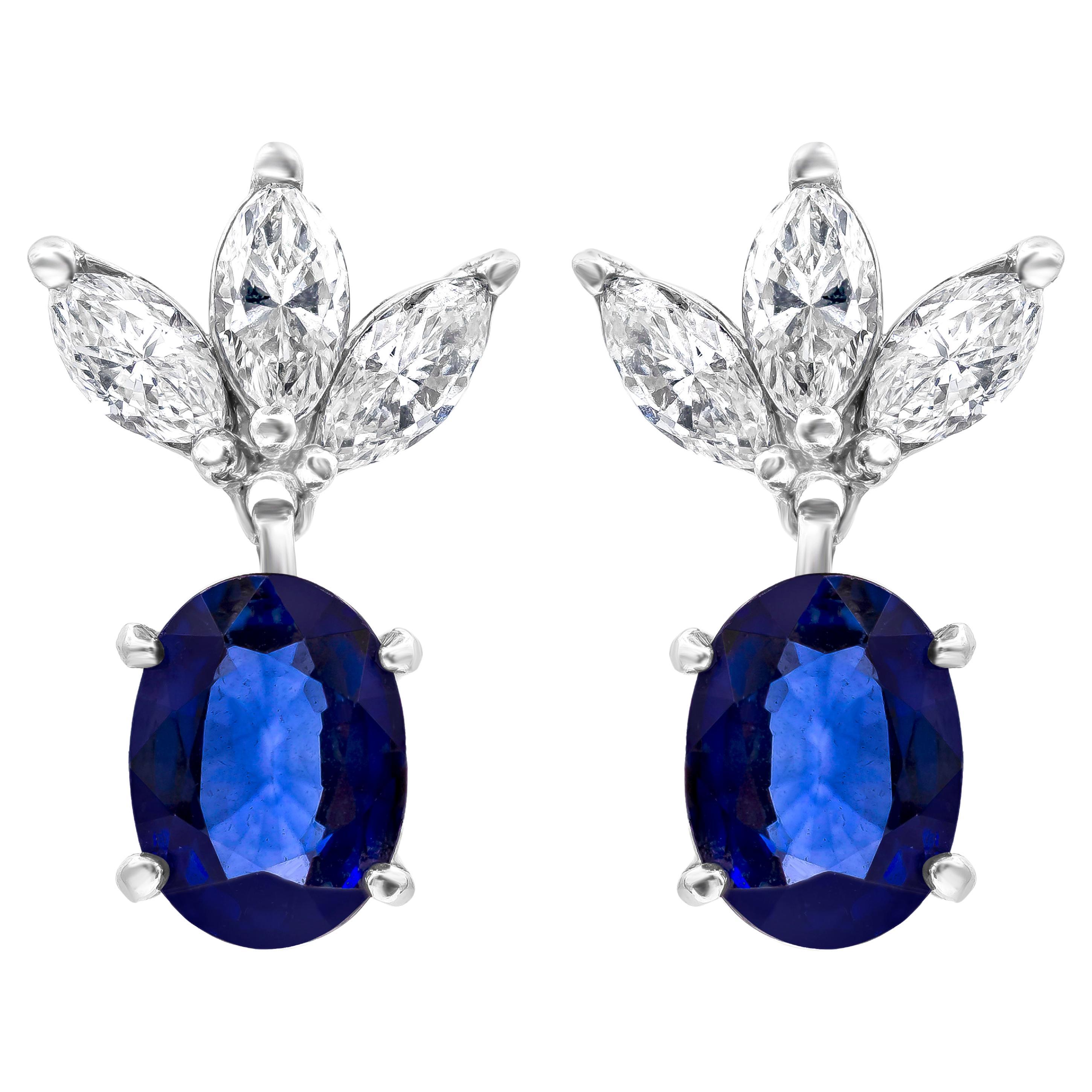 4.21 Carats Total Oval Cut Blue Sapphire & Diamond Dangle Earrings For Sale