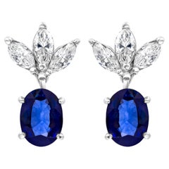 4.21 Carats Total Oval Cut Blue Sapphire & Diamond Dangle Earrings