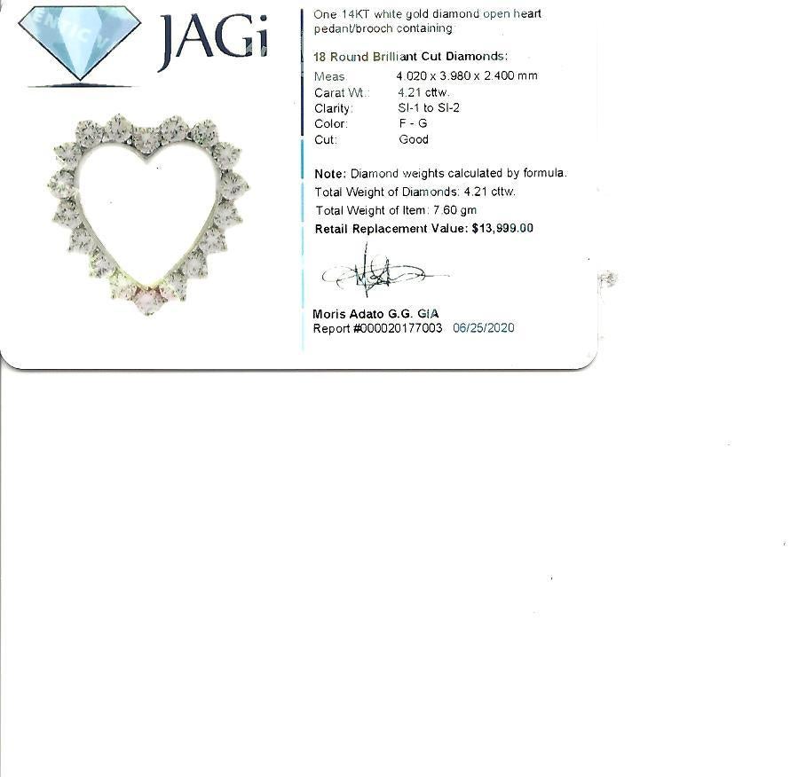 4.21 Carat Total Round Diamond Open Heart Pendant Necklace /Brooch 14 Karat Gold 5